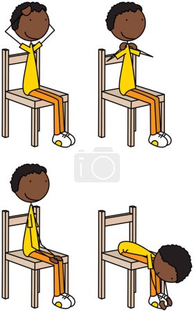 Cartoon-Vektor-Illustration eines Jungen beim Training - Berühren von Kopf, Schultern, Knien und Zehen auf einem Stuhl sitzend