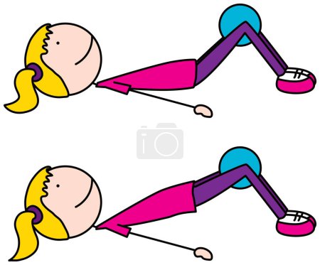 Cartoon vector illustration of a girl exercising - bridge with medicine ball between knees