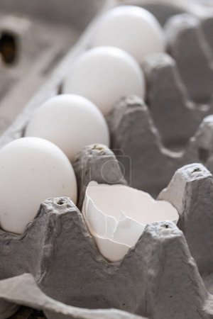 Photo for Carton of White Chicken Eggs and Egg Shells. - Royalty Free Image