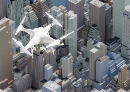 Photo for Unmanned Aircraft System Quadcopter Drone In The Air Above City and Corporate Buildings. - Royalty Free Image