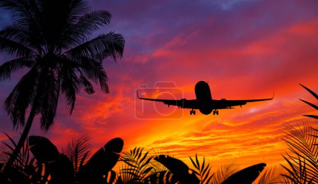 Passagierflugzeug im Landeanflug mit schönem Sonnenuntergang und tropischen Bäumen und Pflanzen.