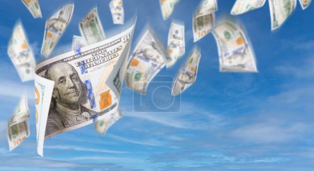 Photo for Set of Falling or Floating $100 Bills United States Currency - Money Falling Out of the Sky. - Royalty Free Image