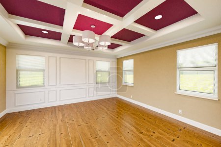 Photo for Beautiful Purple and Tan Custom Master Bedroom Complete with Entire Wainscoting Wall, Fresh Paint, Crown and Base Molding, Hard Wood Floors and Coffered Ceiling - Royalty Free Image