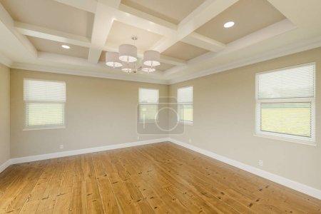 Hermoso Tan Dormitorio principal personalizado completo con pintura fresca, corona y moldeo de base, pisos de madera dura y techo tapizado