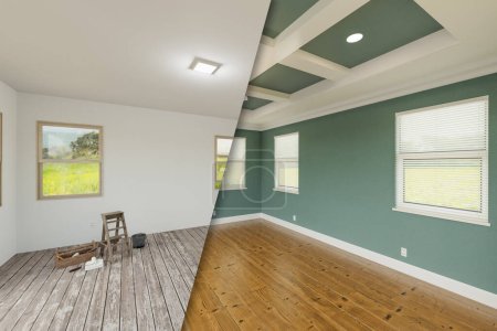 Teal silenciado antes y después del dormitorio principal que muestra el estado inacabado y la renovación completa con techos y molduras ofrecidas.