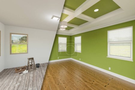 Foto de Verde negrita antes y después del dormitorio principal que muestra el estado inacabado y la renovación completa con techos y molduras ofrecidas. - Imagen libre de derechos