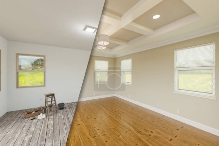 Foto de Tan antes y después del dormitorio principal que muestra el estado inacabado y la renovación completa con techos y molduras ofrecidas. - Imagen libre de derechos