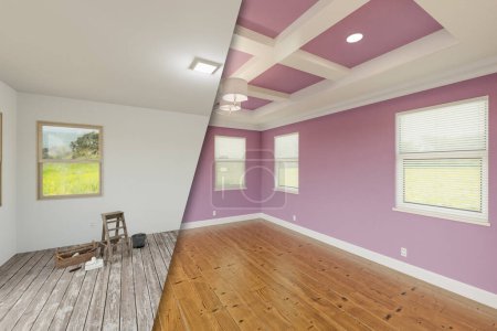 Lilac Before and After of Master Bedroom Showing The Unfinished and Renovation State Complete with Coffered Ceilings and Molding.