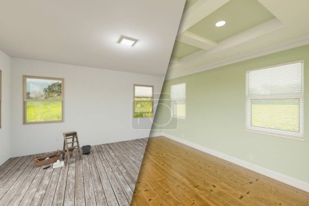 Foto de Verde claro antes y después del dormitorio principal que muestra el estado inacabado y la renovación completa con techos y molduras ofrecidas. - Imagen libre de derechos