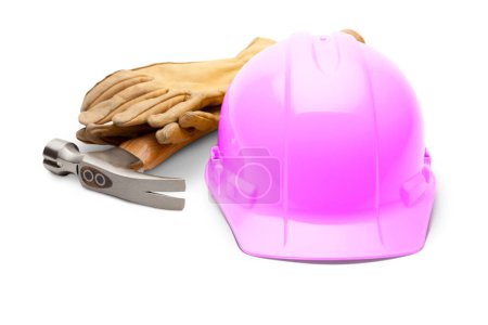 Photo for Pink Safety Construction Hard Hat, Hammer and Leather Gloves Isolated on a White Background. - Royalty Free Image