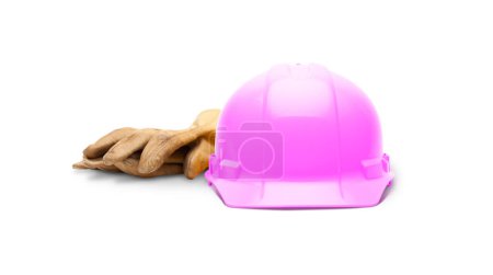 Photo for Pink Safety Construction Hard Hat and Leather Gloves Isolated on a White Background. - Royalty Free Image