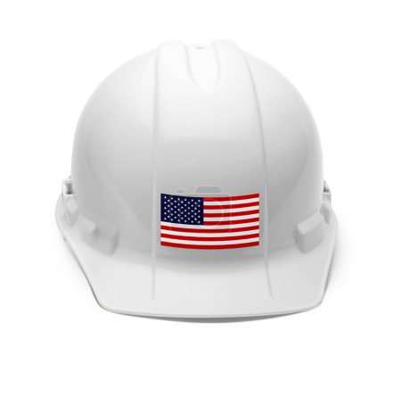 Photo for White Hardhat with an American Flag Decal on the Front Isolated on White Background. - Royalty Free Image