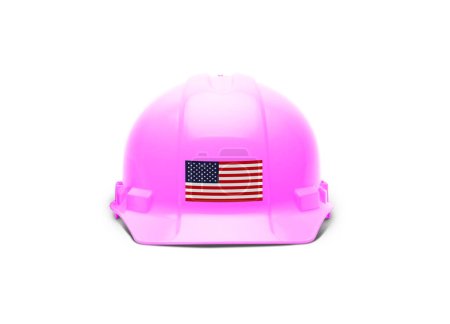 Photo for Pink Hardhat with an American Flag Decal on the Front Isolated on White Background. - Royalty Free Image