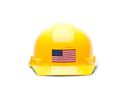 Photo for Yellow Hardhat with an American Flag Decal on the Front Isolated on White Background. - Royalty Free Image