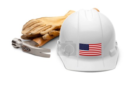 Photo for White Hardhat with an American Flag Decal on the Front with Hammer and Gloves Isolated on White Background. - Royalty Free Image