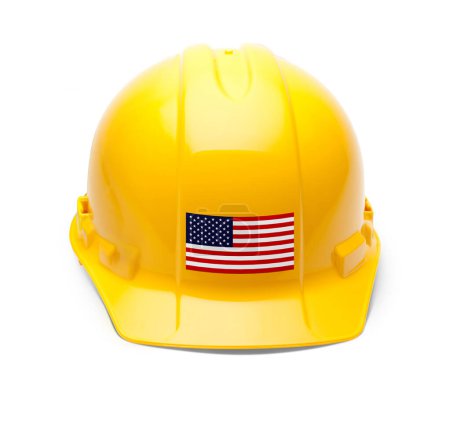 Photo for Yellow Hardhat with an American Flag Decal on the Front Isolated on White Background. - Royalty Free Image