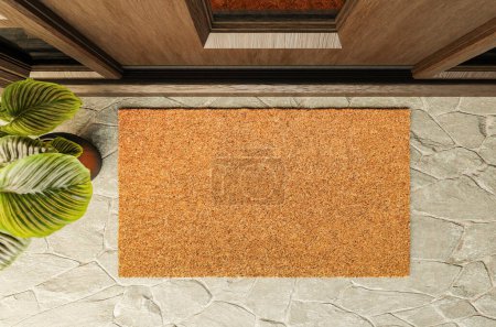 Photo for Overhead of blank doormat on the porch at the front door. - Royalty Free Image