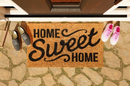 Foto de Home Sweet Home felpudo con zapatos de hombre y mujer en el porche en la puerta principal. - Imagen libre de derechos