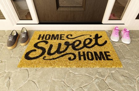 Téléchargez les photos : Home Tapis de porte Sweet Home avec chaussures homme et femme sur le porche à la porte d'entrée. - en image libre de droit