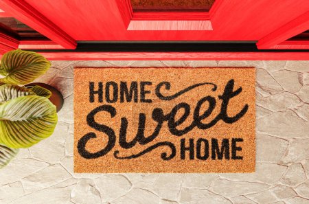 Téléchargez les photos : Accueil Sweet Home paillasson sur le porche à la porte d'entrée rouge. - en image libre de droit
