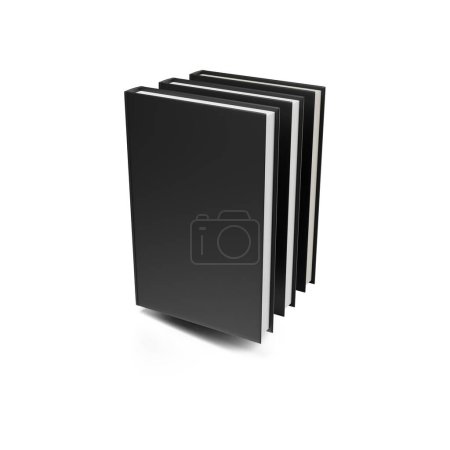 Foto de Maqueta en blanco de 3 libros negros aislados sobre un fondo blanco. - Imagen libre de derechos