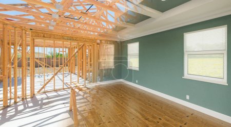 Before and After Interior of House Wood Construction Framing and Finished Build.