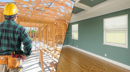 Téléchargez les photos : Entrepreneur faisant face avant et après l'intérieur de la maison Cadre de construction en bois et construction finie. - en image libre de droit
