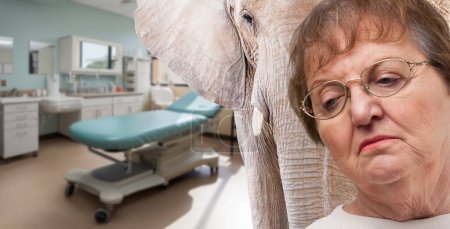 Concerned Senior Woman in a Hospital with an Elephant in the Room.