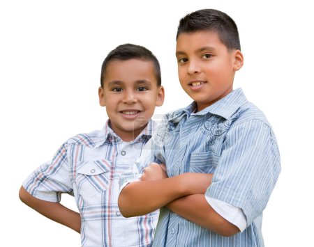 Foto de Dos jóvenes y felices muchachos de la escuela hispana aislados en blanco. - Imagen libre de derechos