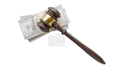 Photo for Overhead of Gavel Resting on Stacks of Thousands of Dollars Isolated on a White Background. - Royalty Free Image