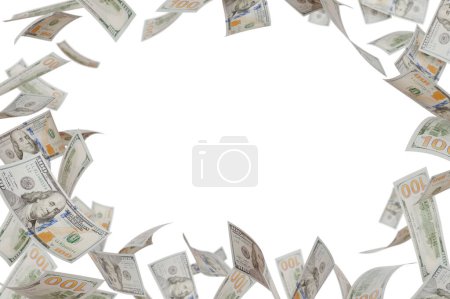 Photo for Border of Falling One Hundred Dollar Bills Isolated on a White Background. - Royalty Free Image