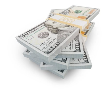 Foto de Pilas de billetes de cien dólares aislados sobre un fondo blanco. - Imagen libre de derechos