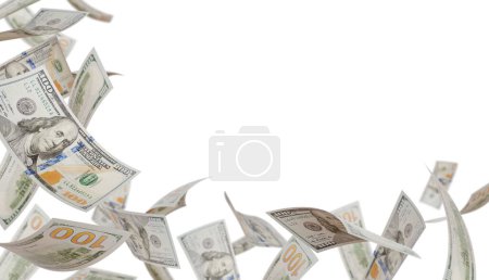 Photo for Corner Border of Falling One Hundred Dollar Bills Isolated on a White Background. - Royalty Free Image
