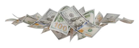 Téléchargez les photos : Collection de billets de cent dollars tombés isolés sur un fond blanc. - en image libre de droit