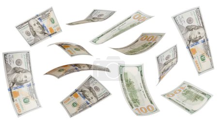 Photo for Collection of Falling One Hundred Dollar Bills Isolated on a White Background. - Royalty Free Image