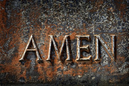 Photo for Prayer sculpture in bronze weathered metal with word Amen as end of praying - Royalty Free Image