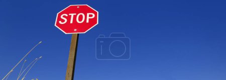 Photo for Stop sign red warning against blue sky with yellow sunflowers and weeds by road - Royalty Free Image