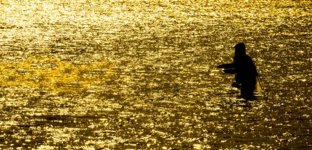 Téléchargez les photos : Détail de l'homme à la barbe pêche à la mouche dans la silhouette de la rivière silhouette ensoleillée - en image libre de droit
