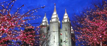 Photo for Salt Lake City Temple during the Holidays with Christmas Lights on Trees for Decorations - Royalty Free Image