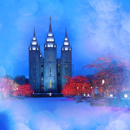 Salt Lake City Temple Square Christmas Lights on Trees and Steeples magical out of focus glowing lights