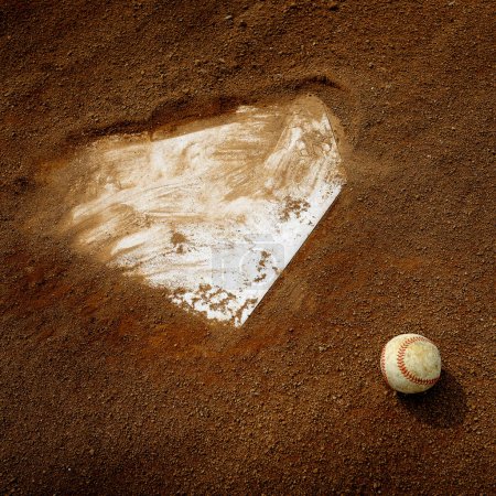 Vieux baseball en cuir sur terrain de terre par une plaque de maison ou une base 
