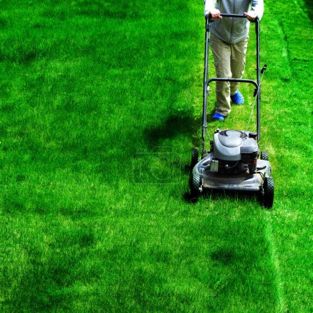 Photo for Young Girl Mowing green grass lawn with push mower landscaing - Royalty Free Image