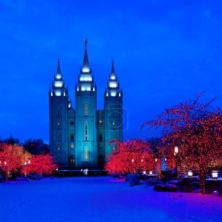 Photo for Salt Lake City Temple Square Christmas Lights on Trees and Steeples winter holidays display - Royalty Free Image
