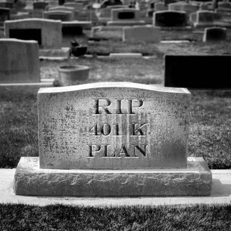Grabstein mit Riss 401k symbolisiert den Tod von Spar- und Rentenversicherungen