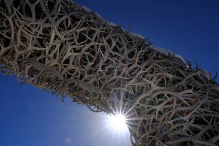 Antler Arch in Jackson Hole Wyoming Landmark in Winter blue sky and sunshine