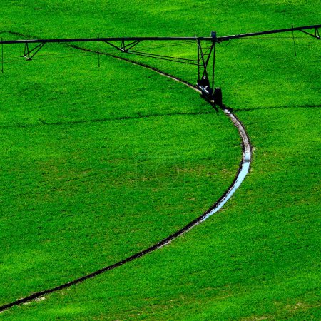 Irrigation pivot circle in lush green farm field with tracks on ground