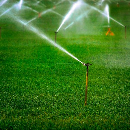 Foto de Sistema de riego por aspersión pulverización de agua en el campo agrícola - Imagen libre de derechos