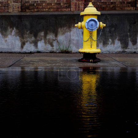 Téléchargez les photos : Bouche d'incendie jaune réfléchie réflexion dans la piscine d'inondation d'eau - en image libre de droit