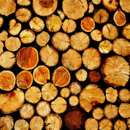 Téléchargez les photos : Détail de la pile de bois pour bois de chauffage texture rugueuse truees coupées en bois - en image libre de droit