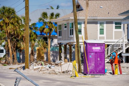 Photo for Fort Myers Beach, FL, USA - November 19, 2022: Portable bathroom porta potty Fort Myers FL Hurricane Ian aftermath - Royalty Free Image